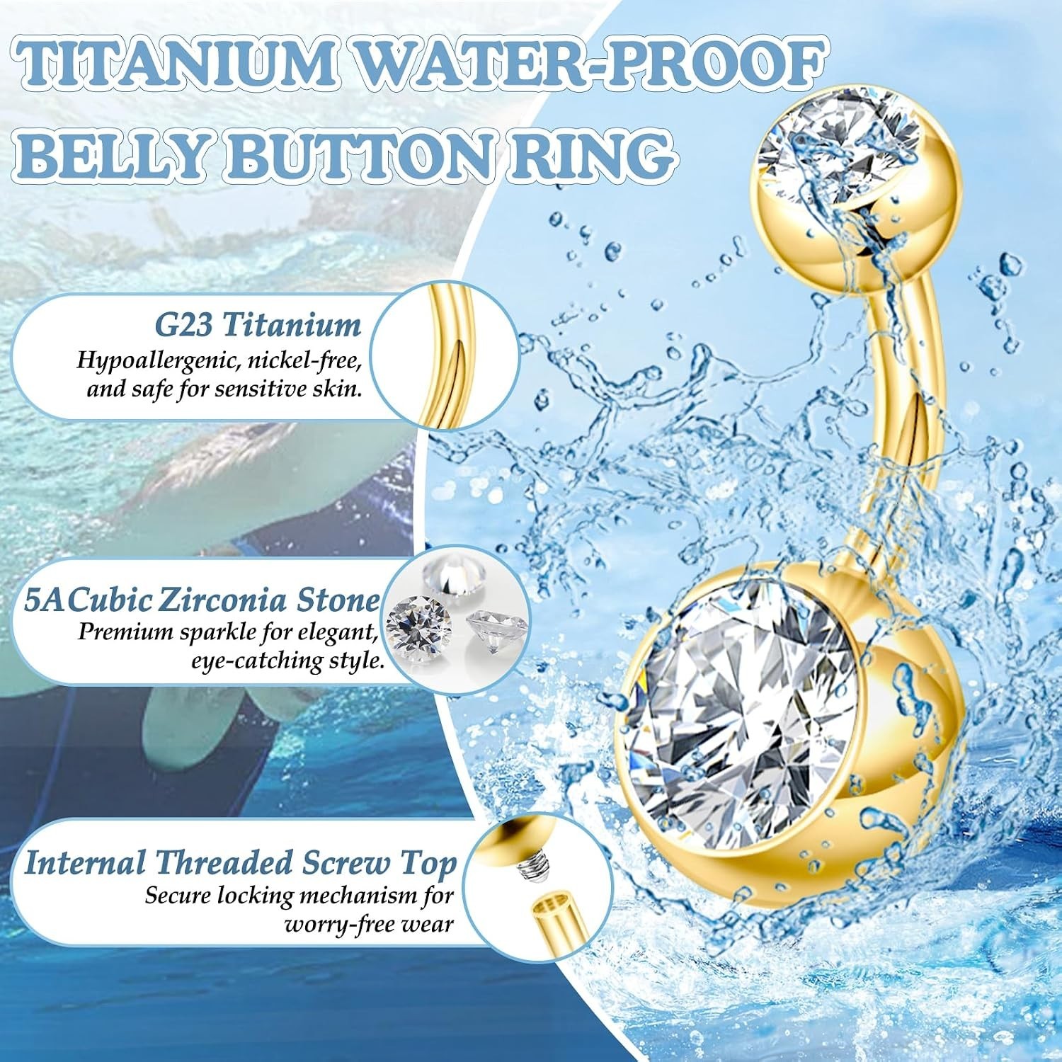 Snag-Free Internally Threaded Titanium Belly Button Rings – 14G – 8mm to 14mm