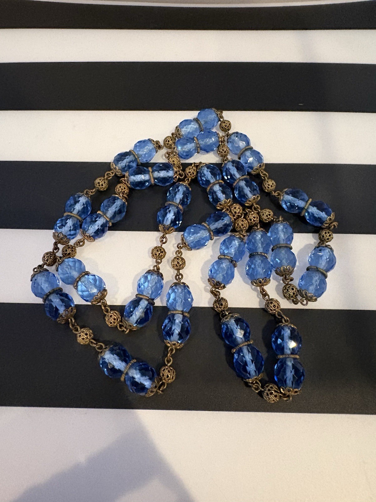 Antique Art Deco Blue Czech Glass & Brass Filigree 34 Inch Necklace 20s-30s