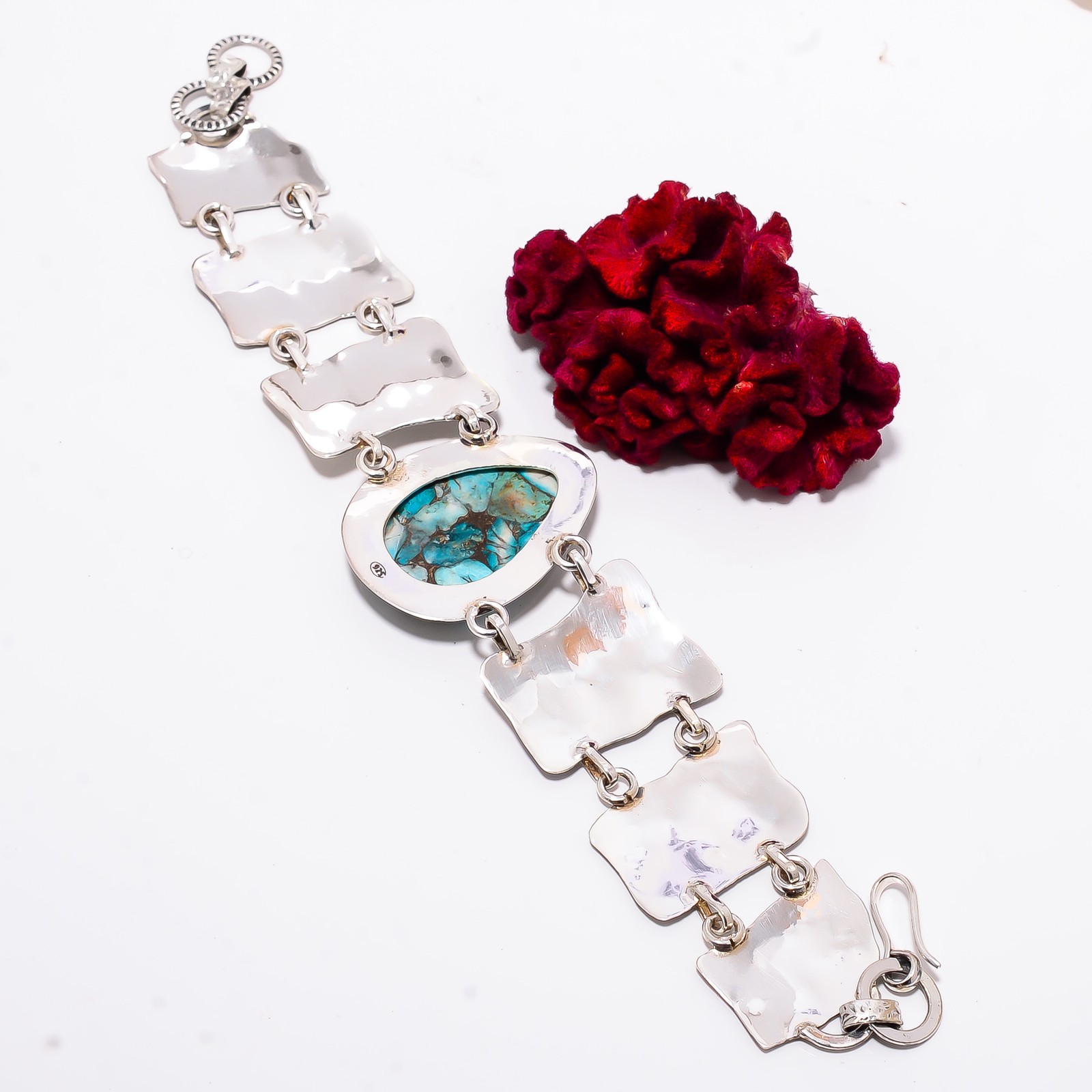 Copper Magnesite Turquoise 925 Sterling Textured Silver Bracelet 8.99″ B84367