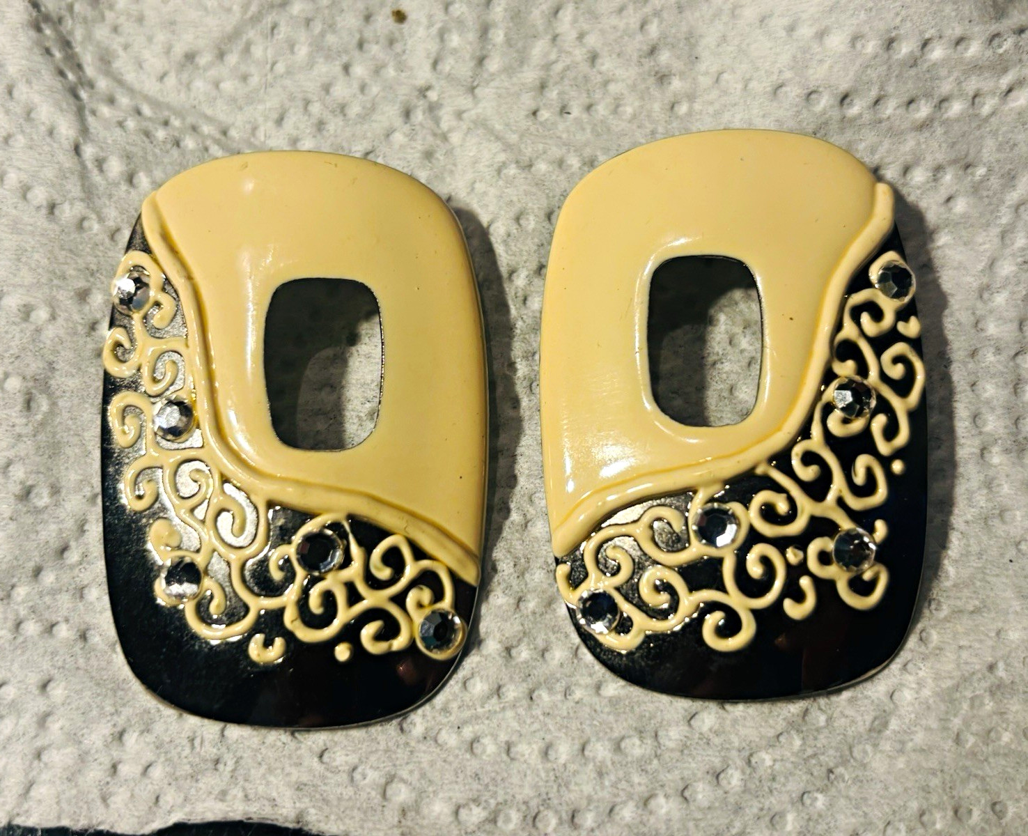 Ivory & Black Enamel Rectangle Cutout Stud Earrings Silver Tone Butterfly