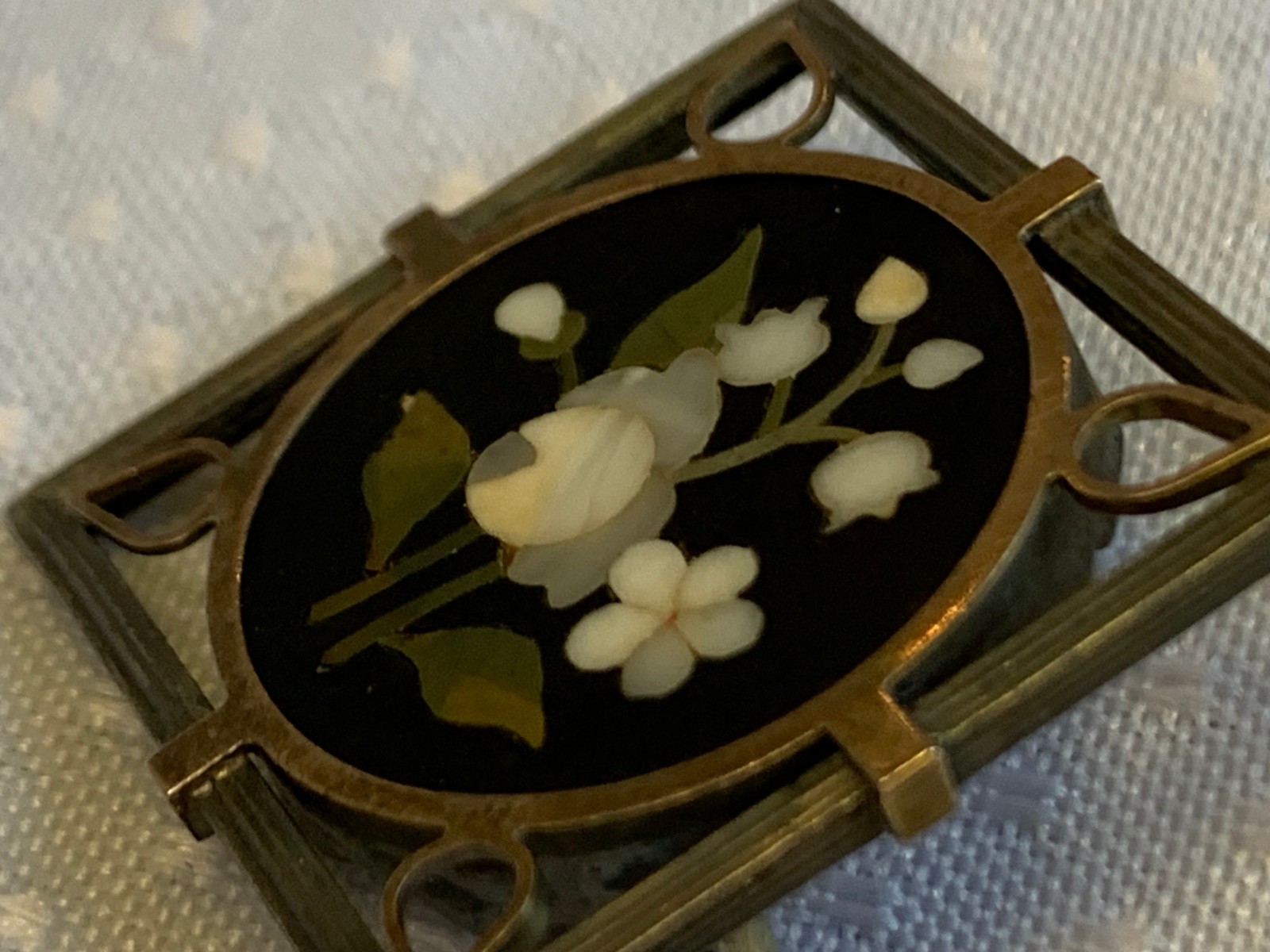 Vtg Pietra Dura Sterling Silver Gold Filled Floral Brooch Jewelry Flower Pin