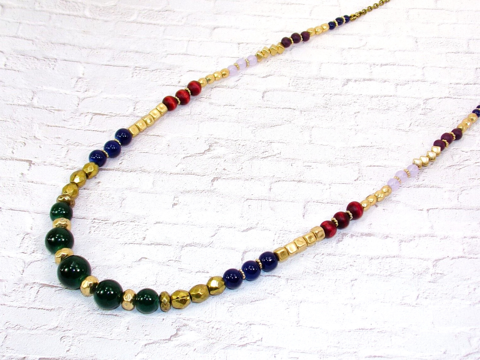 Multi color bead necklace with green, blue brown, gold glass and wood beads New