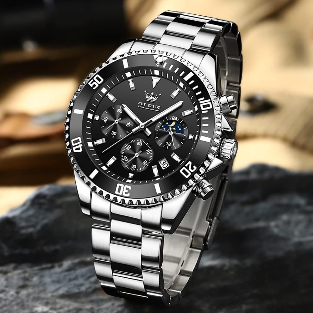 Moon Phase Men’s Watch – Luxury Waterproof Chronograph with Crystal Dial
