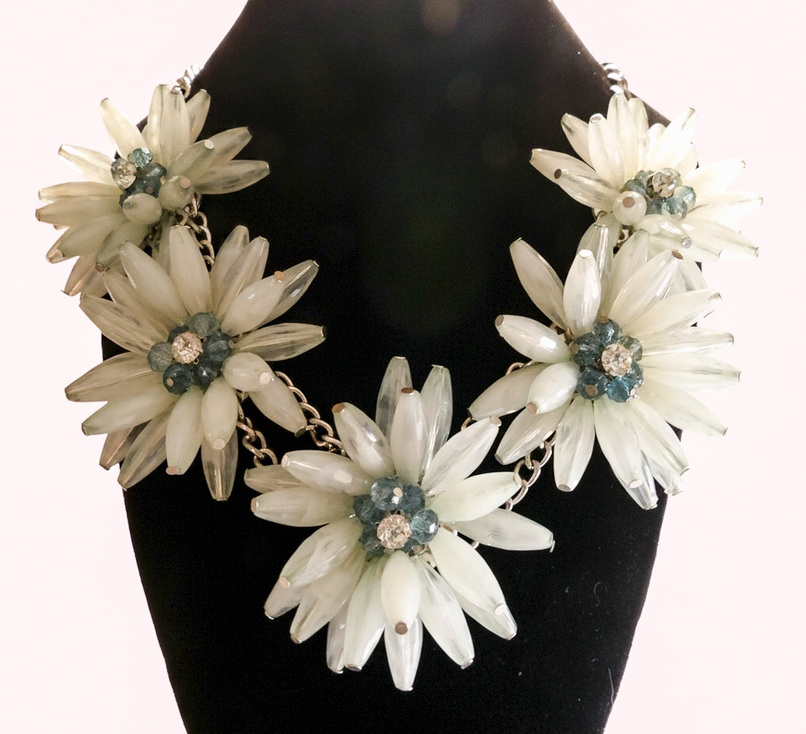 Large White Opalescent Floral Statement Bib Necklace Blue Rhinestone Flower