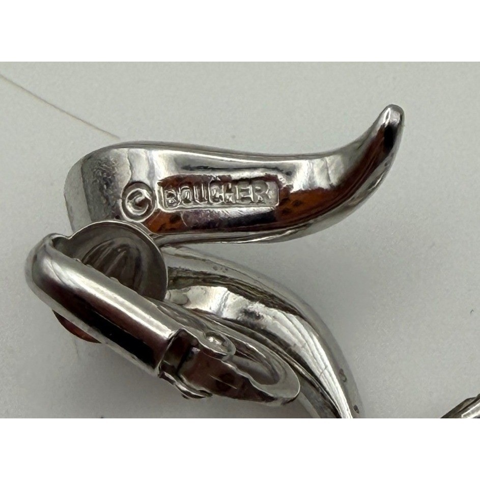 Boucher Signed Clip On Earring Silver Rhinestone Vintage Dangle Estate