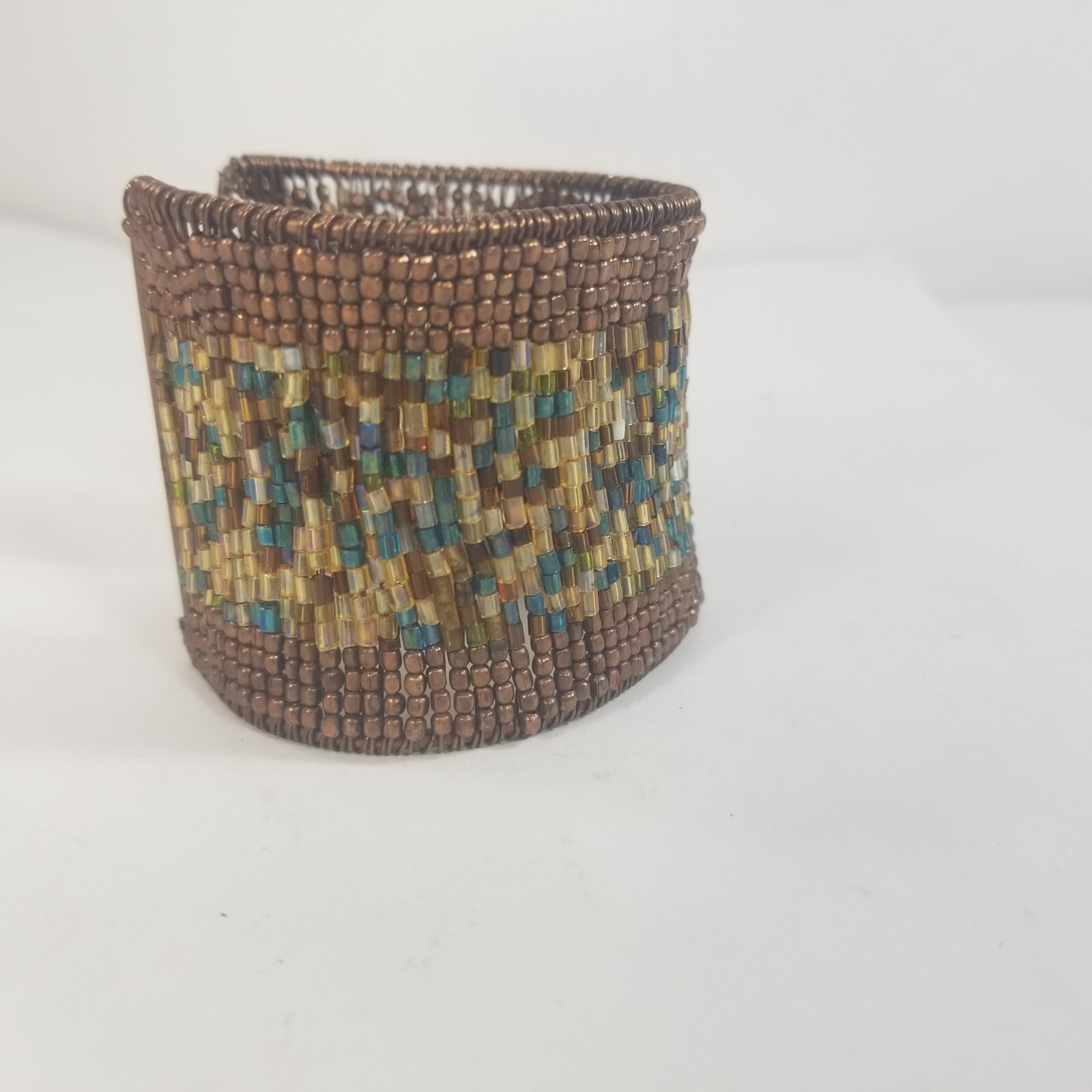 Beaded Wrap Cuff Bracelet Bronze Tone Seed Beads Flexible Fit Wide