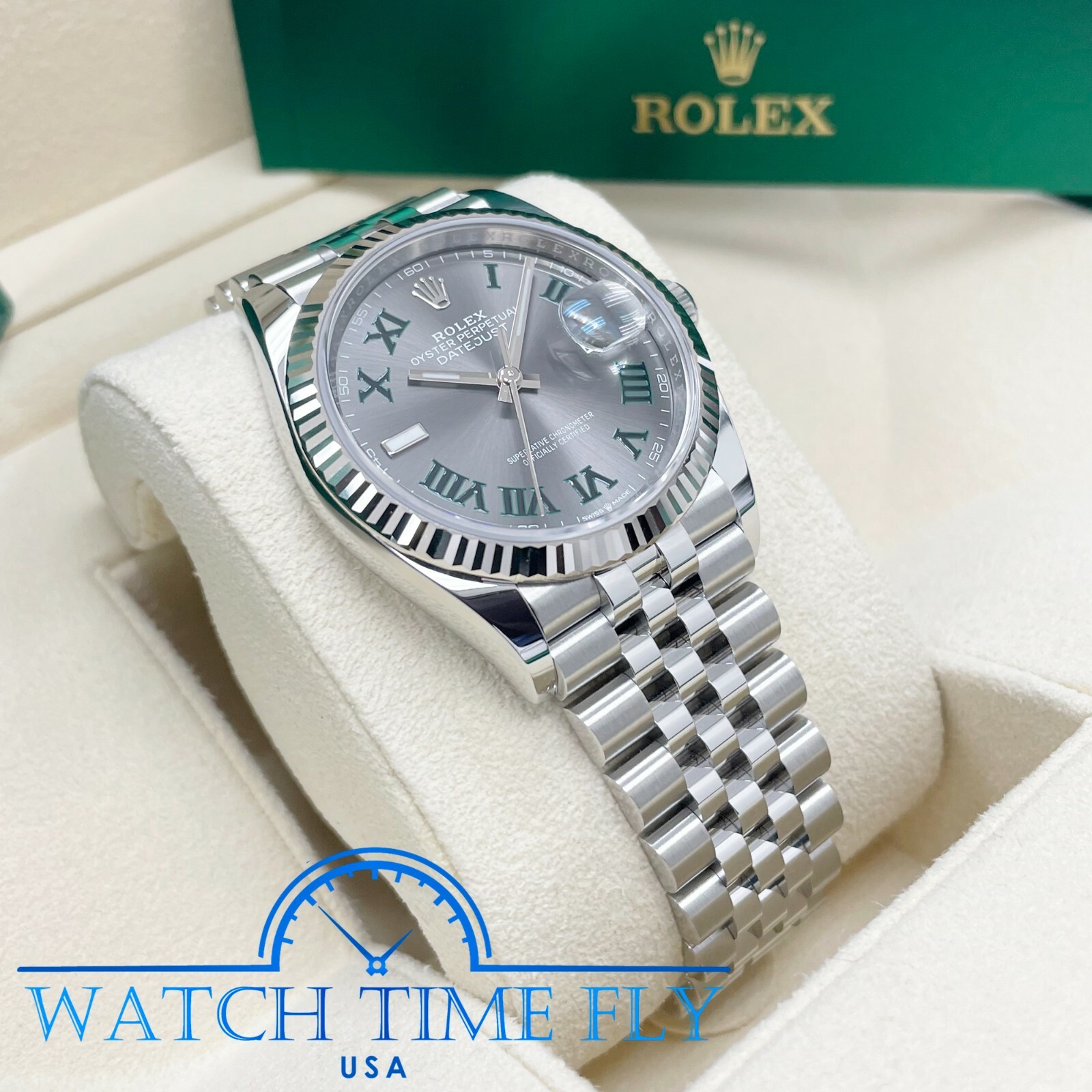 Rolex 126234 Steel Datejust 36 Fluted Bezel Wimbledon Rhodium Roman Dial Jubilee