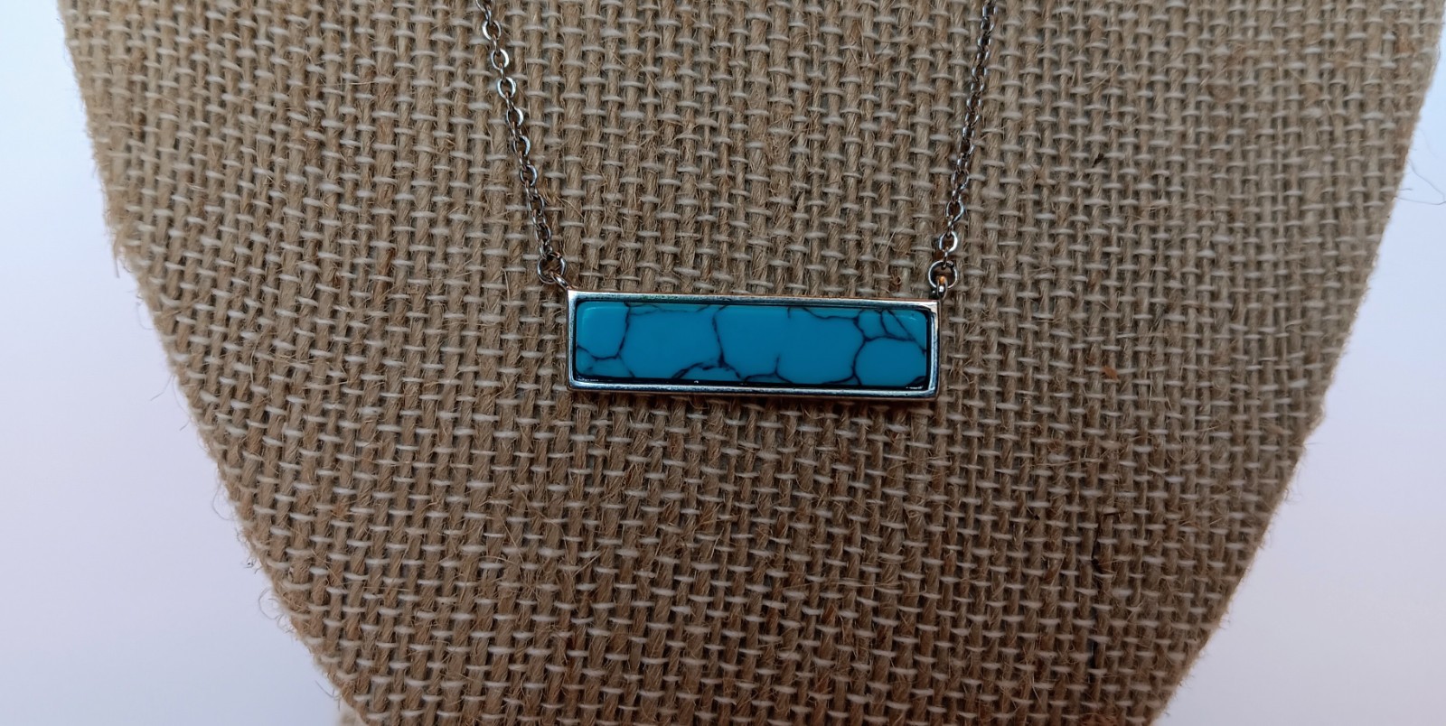 Signed Silvertone Turquoise Dyed Howlite Bar Charm Necklace 18-20 in