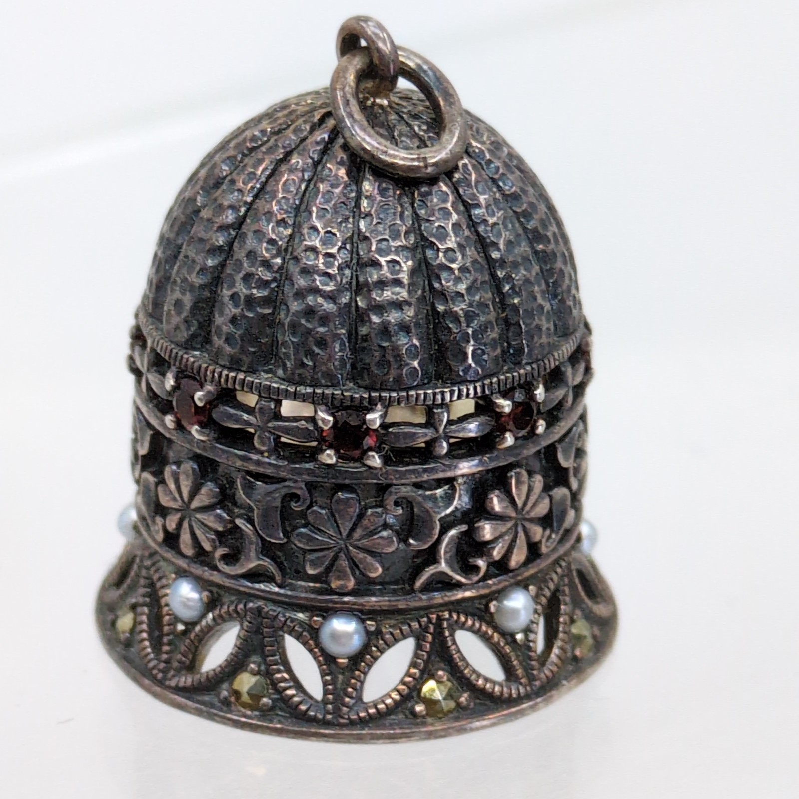Vintage Victorian-Revival Ornate Sterling Silver Real Jingle Bell Pendant Garnet