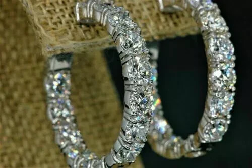 3.00 CT Round Cut Moissanite Inside Outside Hoop Earrings 14k White Gold Plated