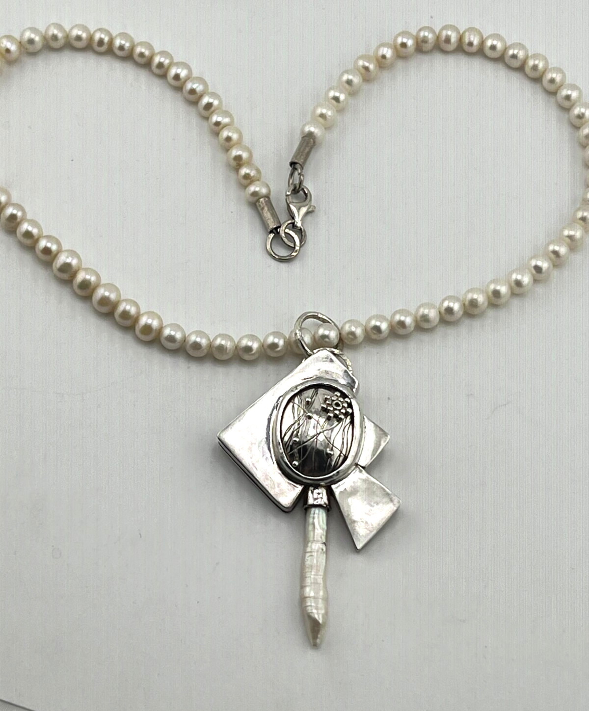 Artisan Pearl necklace 925 Sterling silver hollow form pendant signed FLW