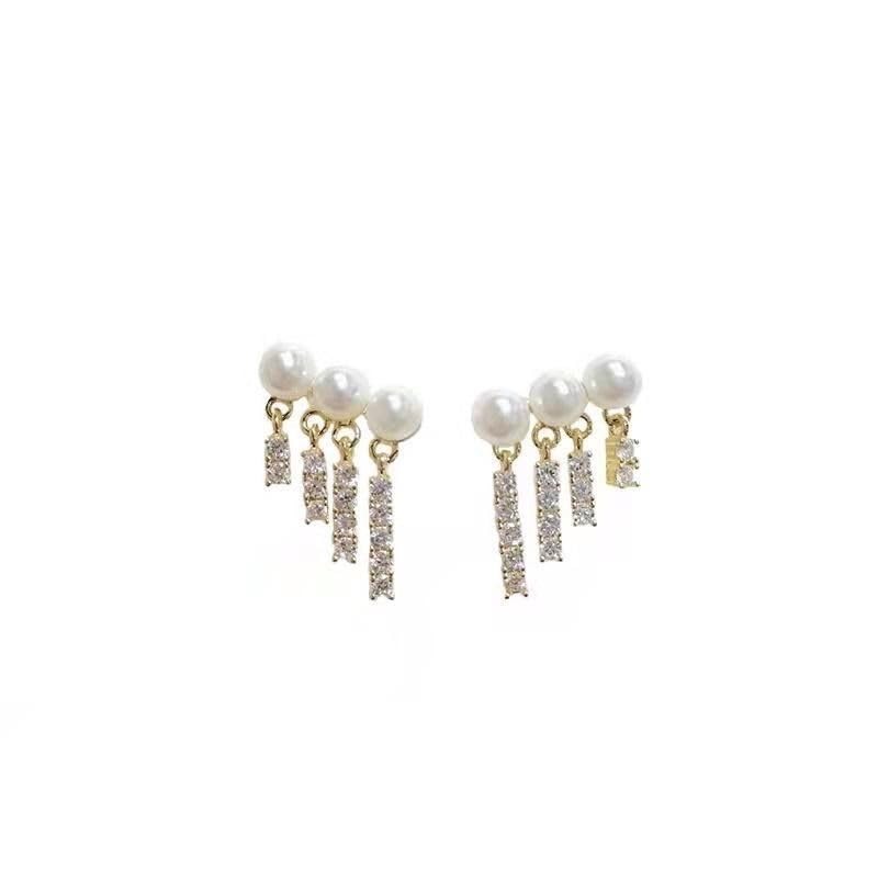 Pearl Crystal Tassel Earrings for Women Trendy Round Pearl Stud Earring Gli – 01