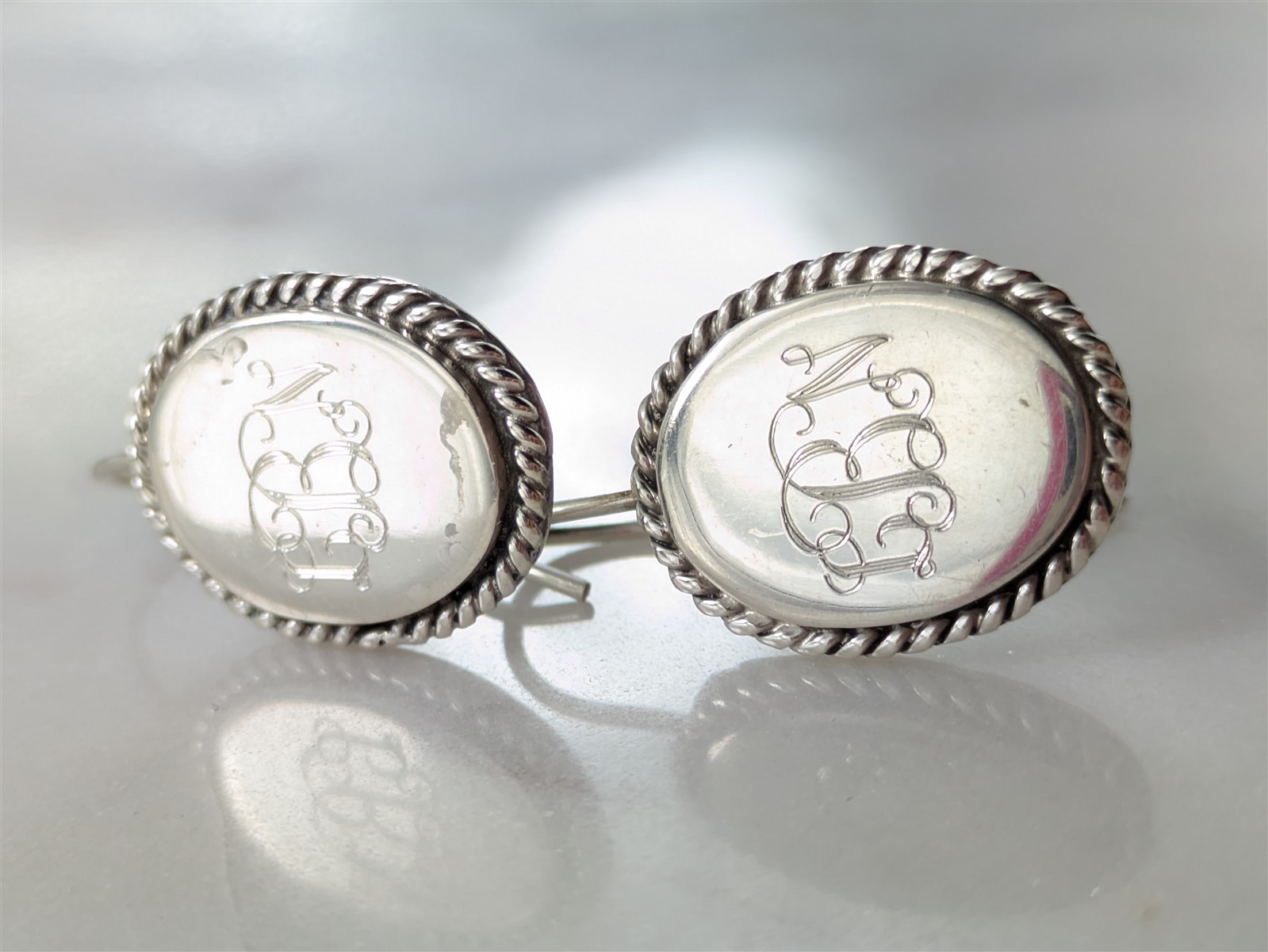 Vintage Solid Sterling Silver LBN Monogramed Oval Dangle Earrings 10.7 Grams