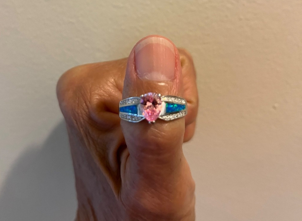 Sterling Silver Illustrious Blue Lab Opal & Pink Pear. Cut&Clear CZ Ring -8