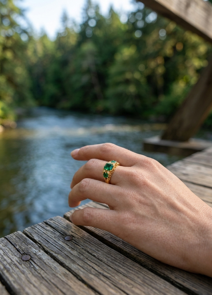 Emerald Natural Emerald & Diamond Wedding Gift Ring 14k Yellow Gold(Import Free)