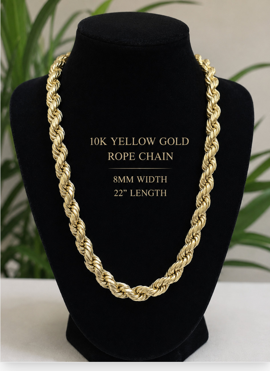 REAL 10K Yellow Gold Rope Chain Necklace 8mm 22″ Inc Diamond Cut Men Women Gift