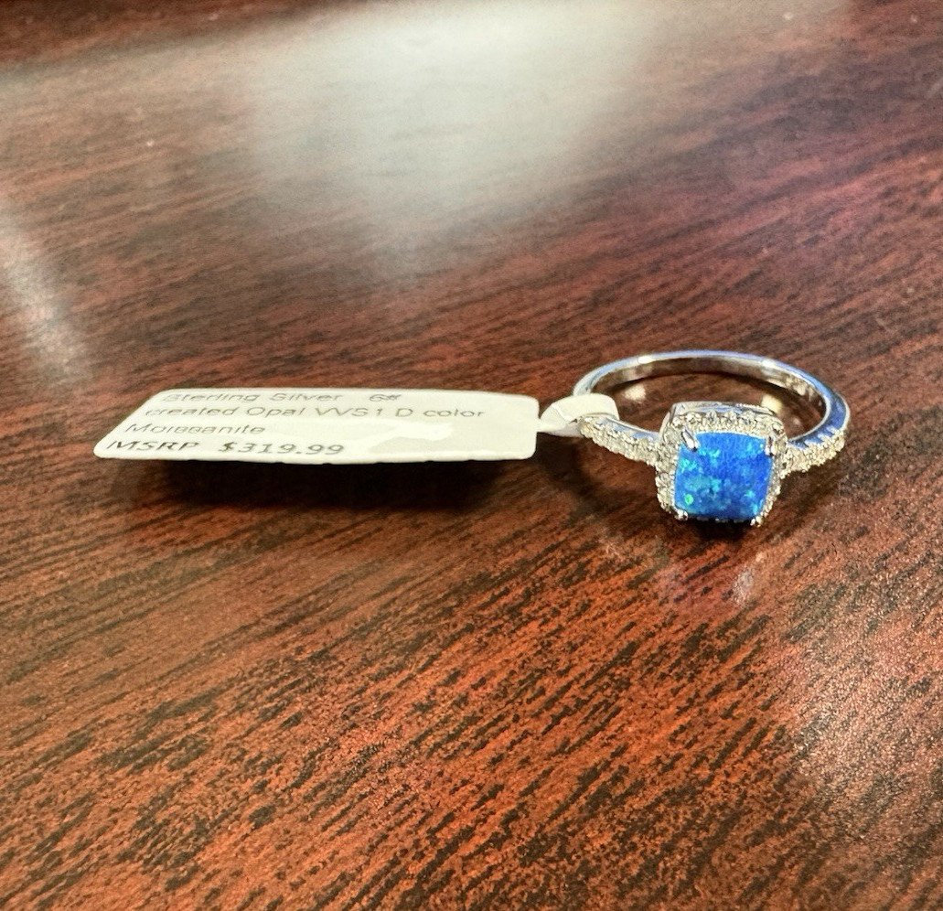 925 Sterling Silver Created Blue Square Opal Halo Moissanite Ring Size 6 R34701