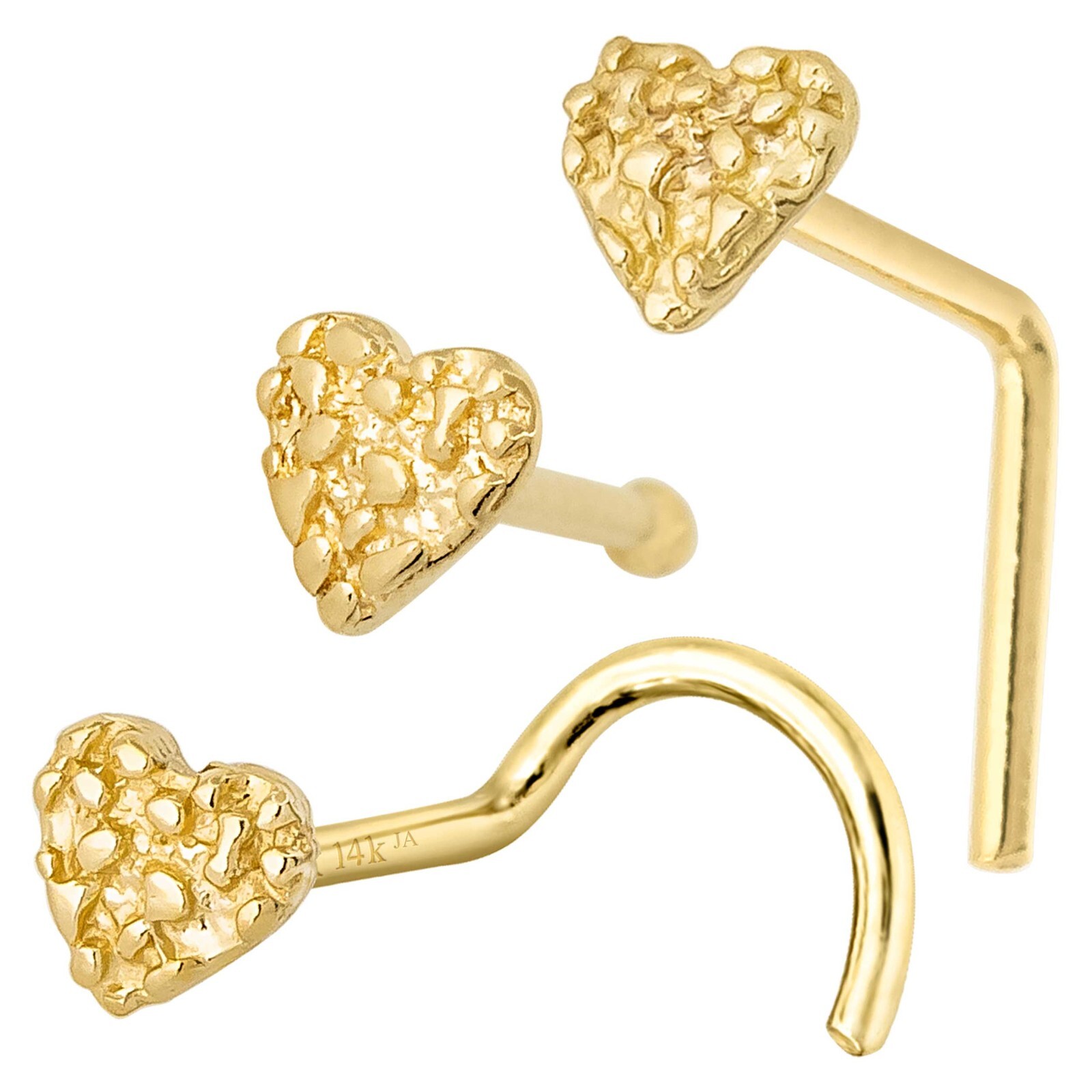 22G Solid 14K Yellow Gold Nugget Heart Nose Stud Nose Ring, L-Bend, Ball-end