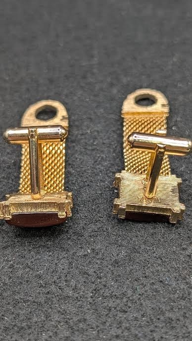 Vintage Mesh Chain Gold tone Modernist Square Clear Brown Stone Cuff Links