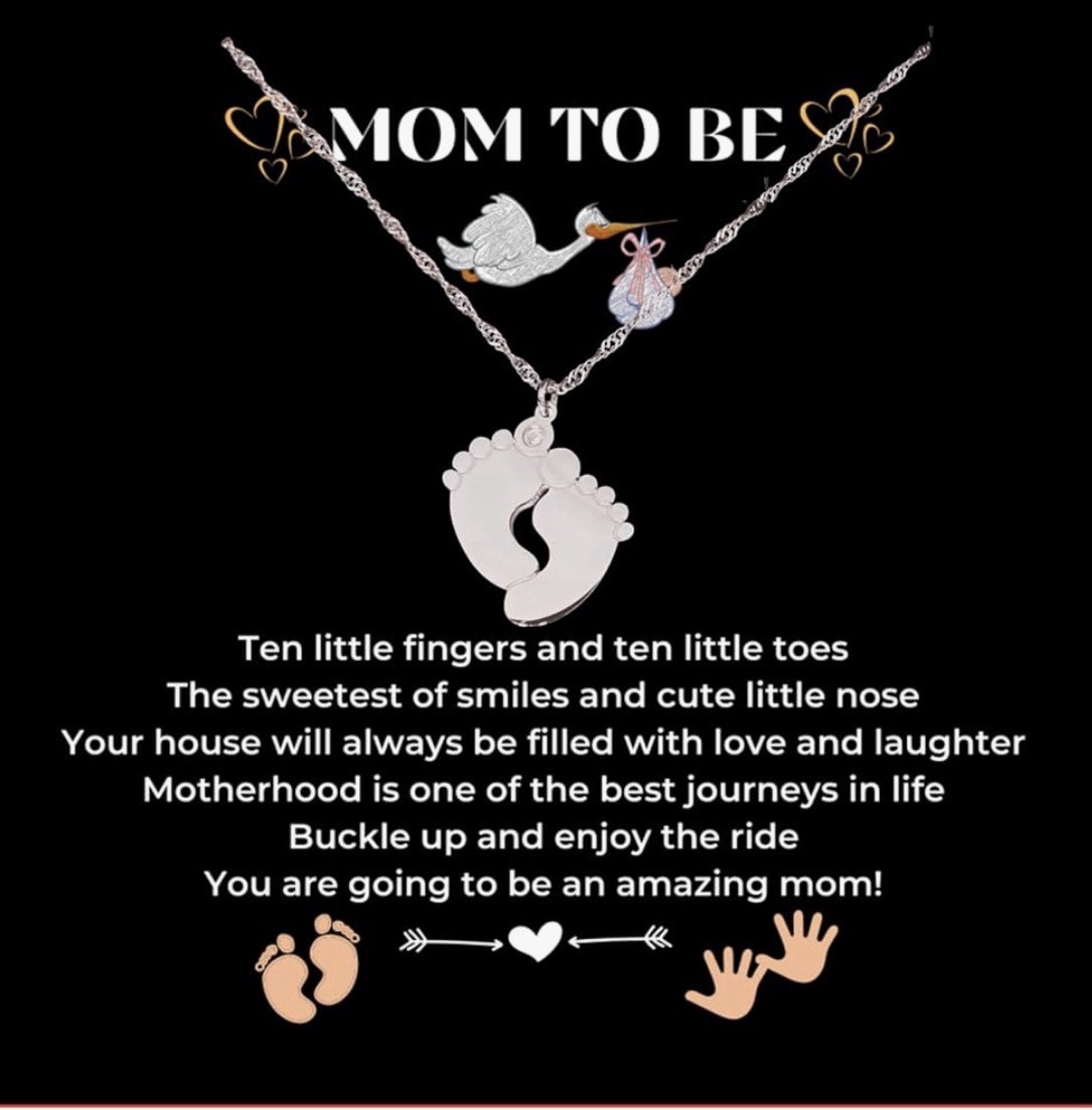 Mom To Be Baby Shower Pregnancy Gift Necklace Silver Tone Baby Footprint