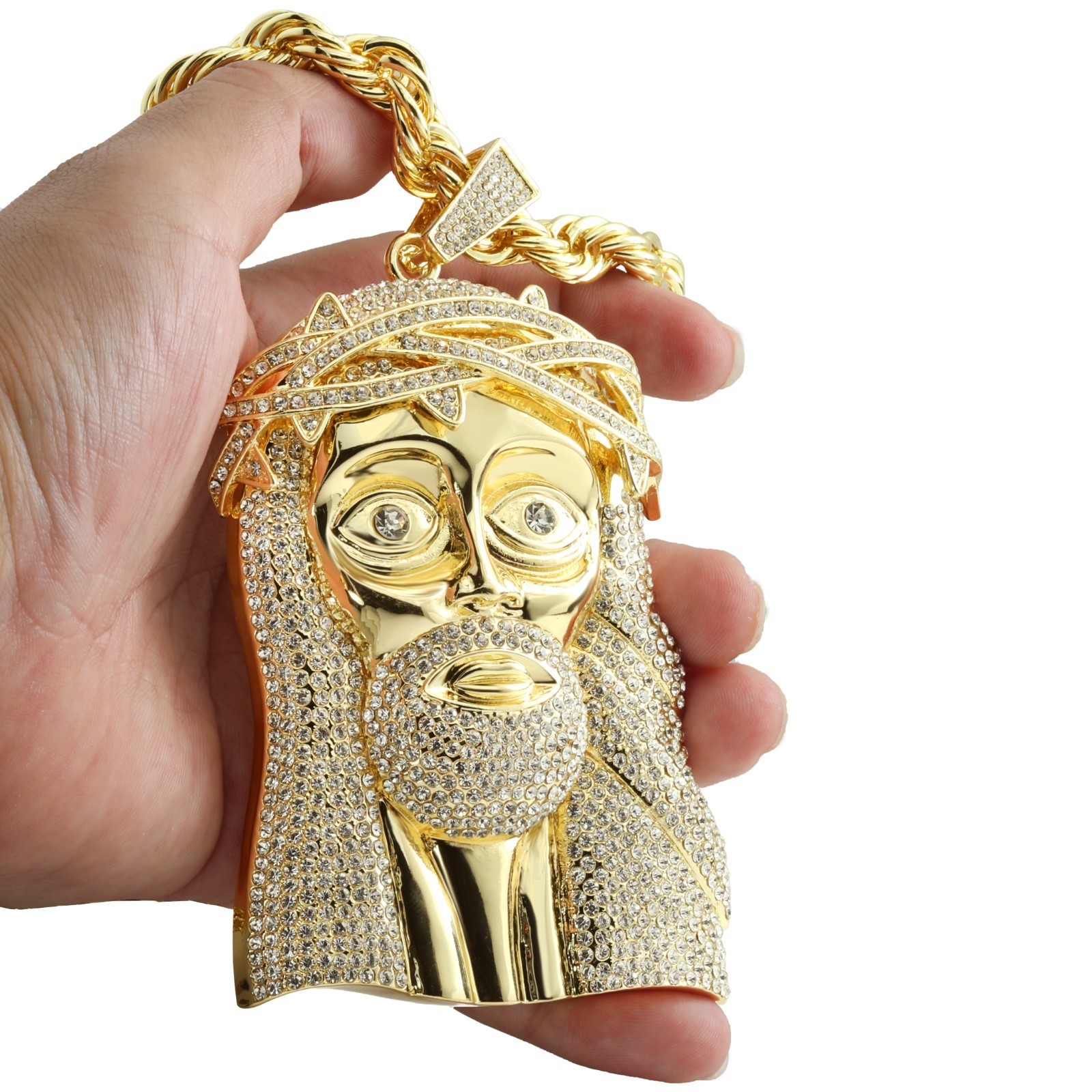 14K Rope Chain 10mm 24″ & 30″In | Jesus Piece Face Head Gold Plated XXL Hip Hop