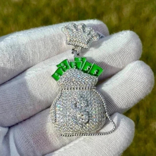Custom Money Bag Pendant 14K White Gold Plated 2.20Ct Round Cut Real Moissanite