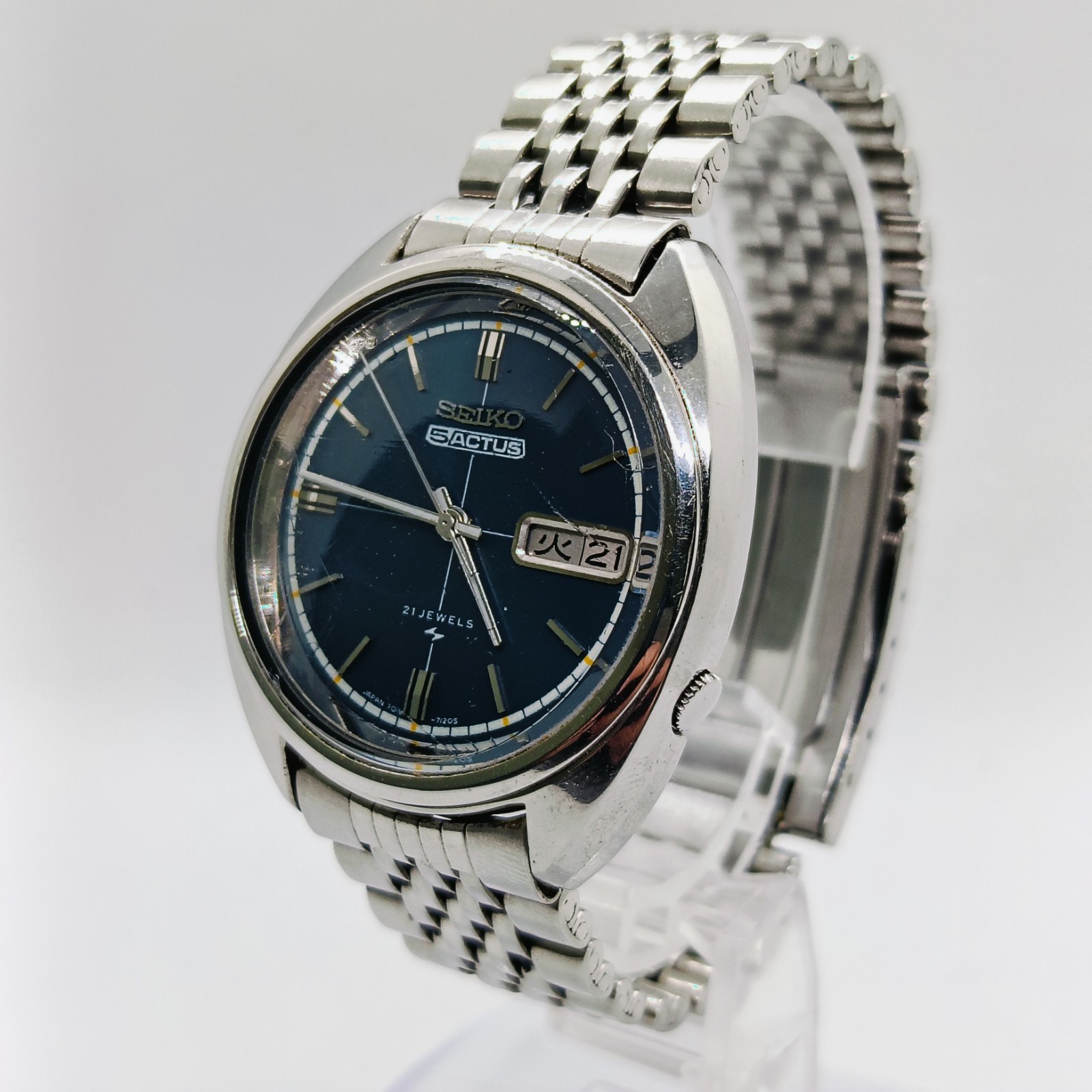 Vintage SEIKO 5 ACTUS 7019-7070 Automatic 21J Blue Dial Day Date Men’s Watch