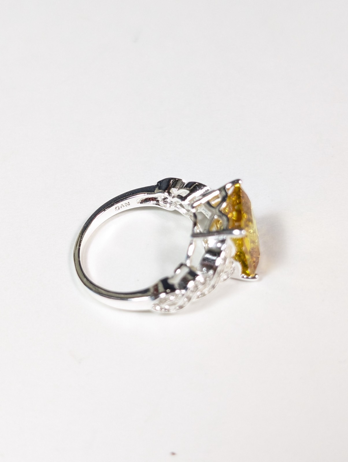 Faux Citrine Colored Gemstone Ring Silver Tone Rhinestone Size 8 Emerald Cut