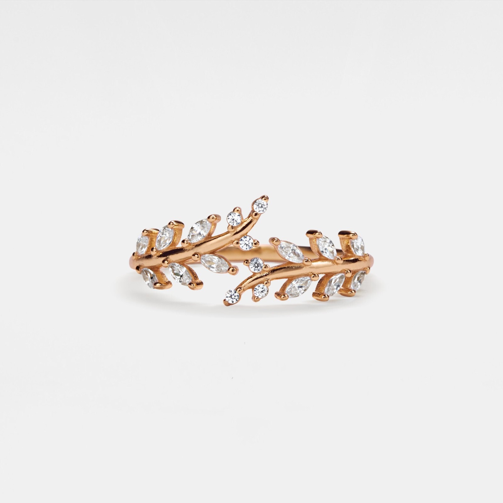 Dainty Gold Olive Branch Bypass Ring in 925 Sterling Silver