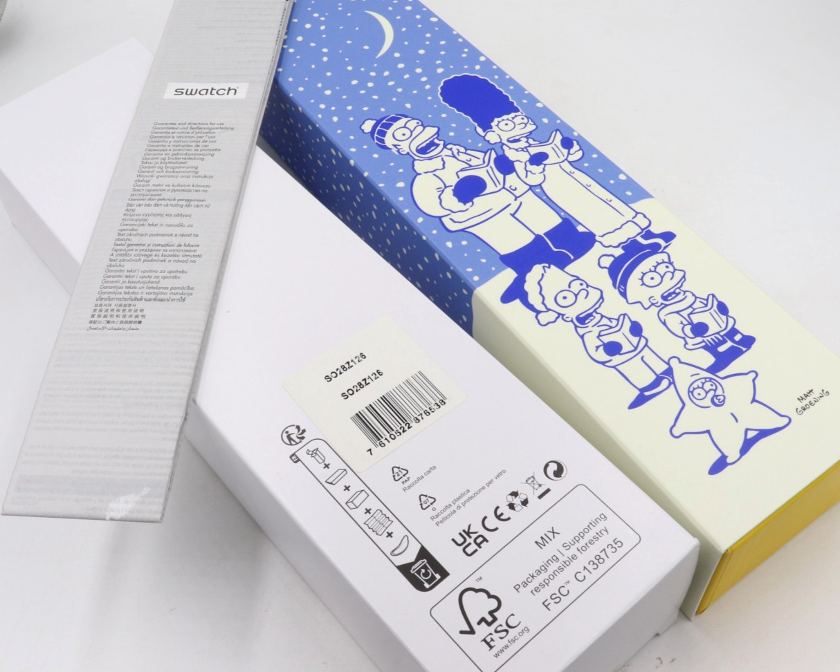 New Swiss Swatch The Simpsons TIDINGS OF JOY Blue Silicone Watch 34mm SO28Z126