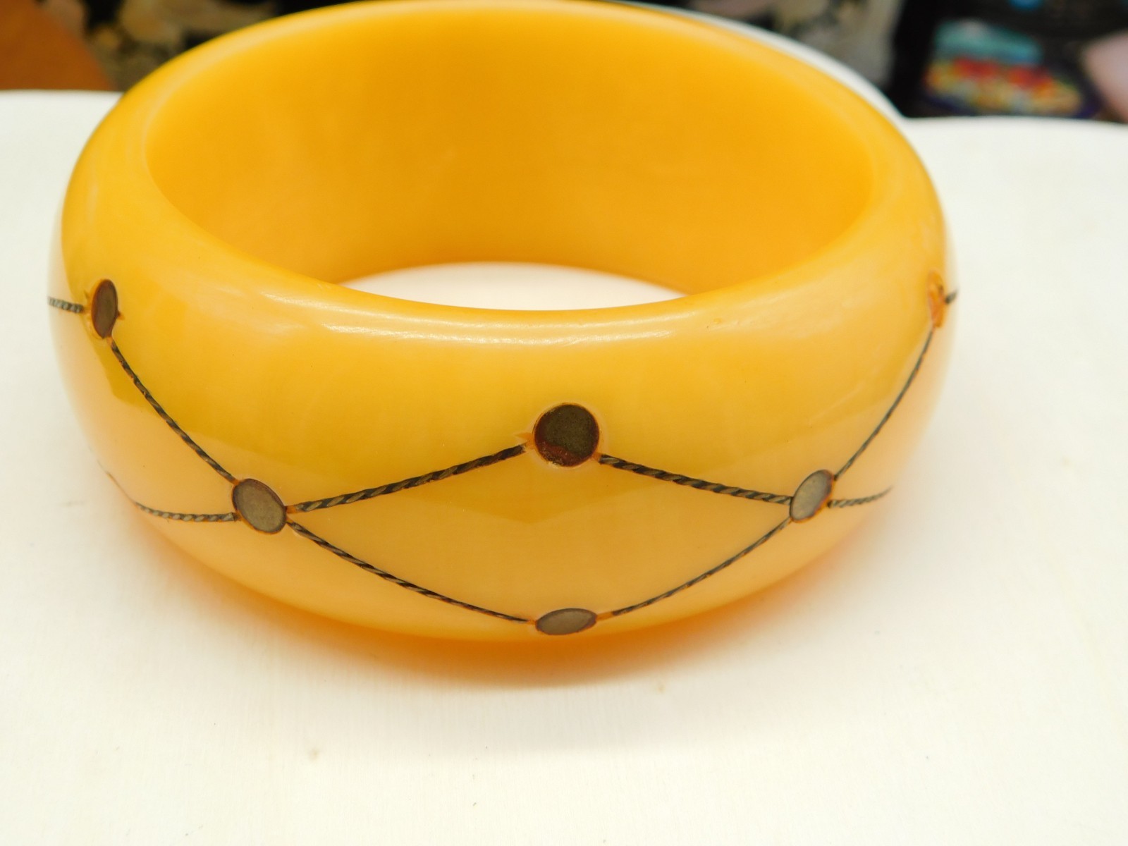 1930’s Butterscotch Bakelite Bangle Brass Injection Dot Bracelet