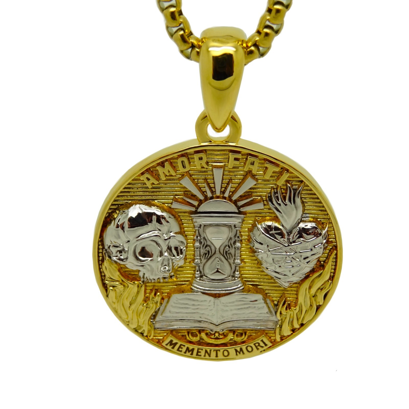 Amor Fati Memento Mori Stoic Medallion Pendant Necklace Gold Plated with Chain