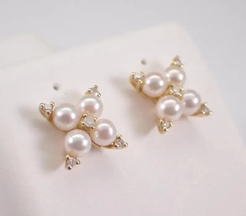 2.50Ct Round Natural Pearl Cluster Women’s Stud Earrings 14K Yellow Gold Plated