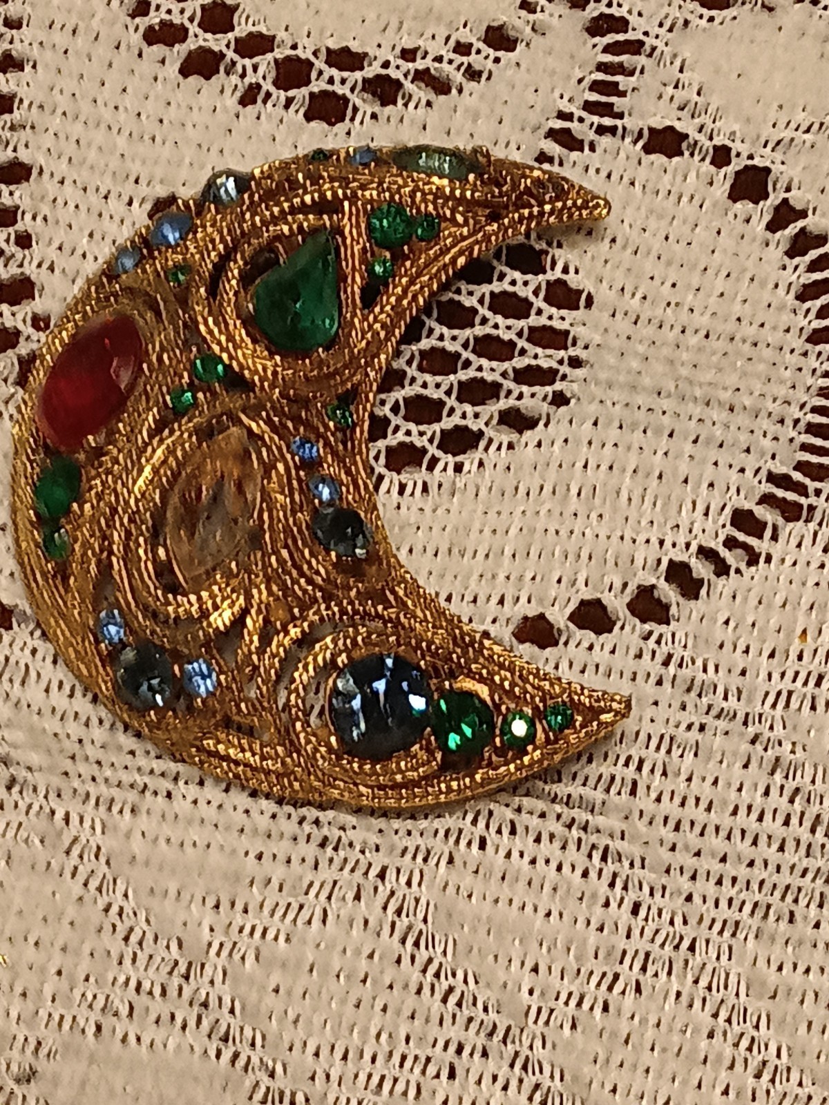 Gold Tone Crescent Moon Brooch Pin Multicolor Rhinestones Celestial Prong Set