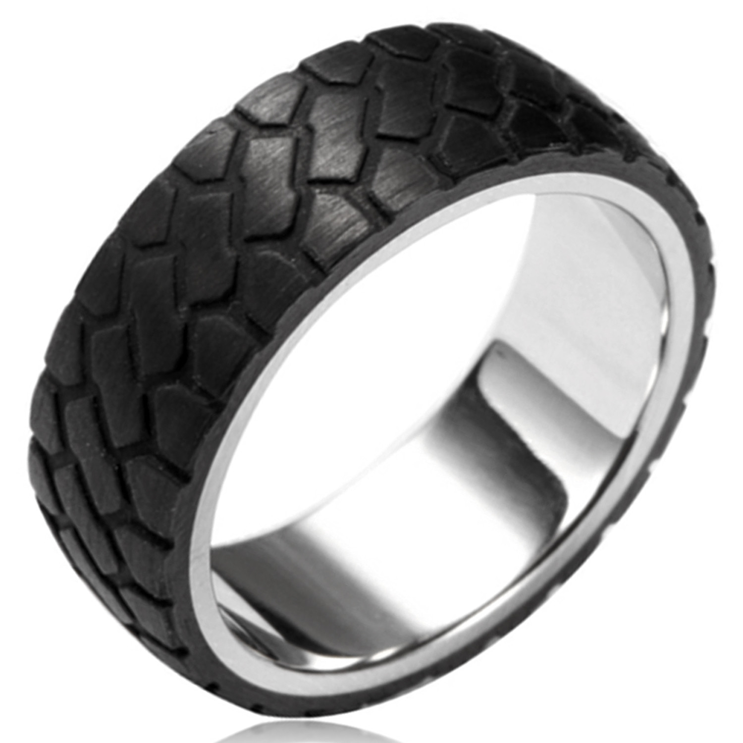 Stainless Steel Tire Tread Forged Carbon Fiber Overlay Ring 8MM | FREE ENGRAVING