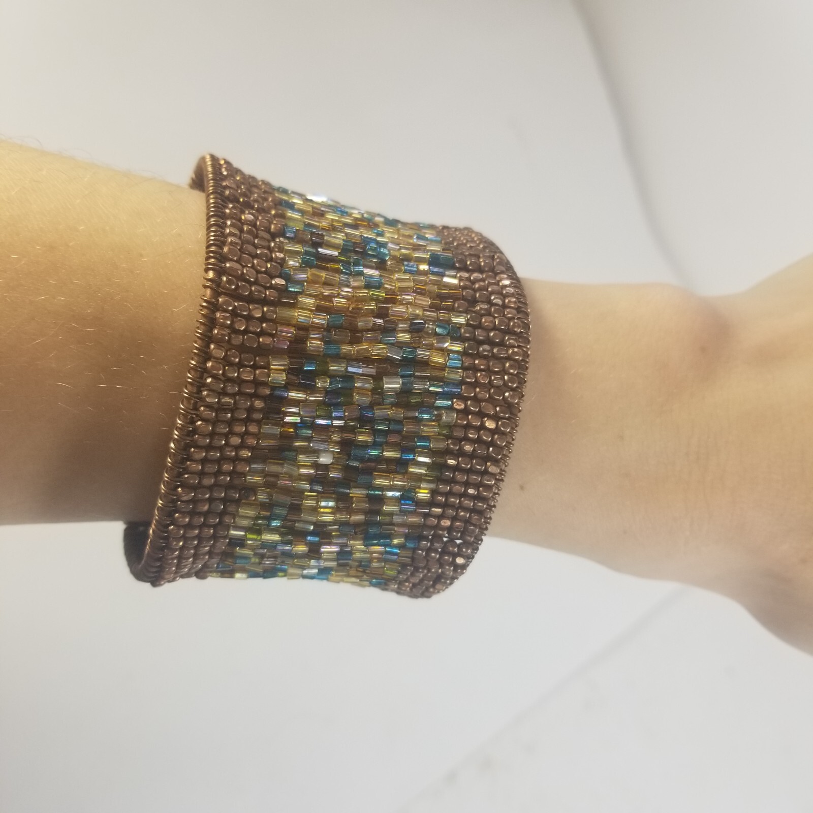 Beaded Wrap Cuff Bracelet Bronze Tone Seed Beads Flexible Fit Wide