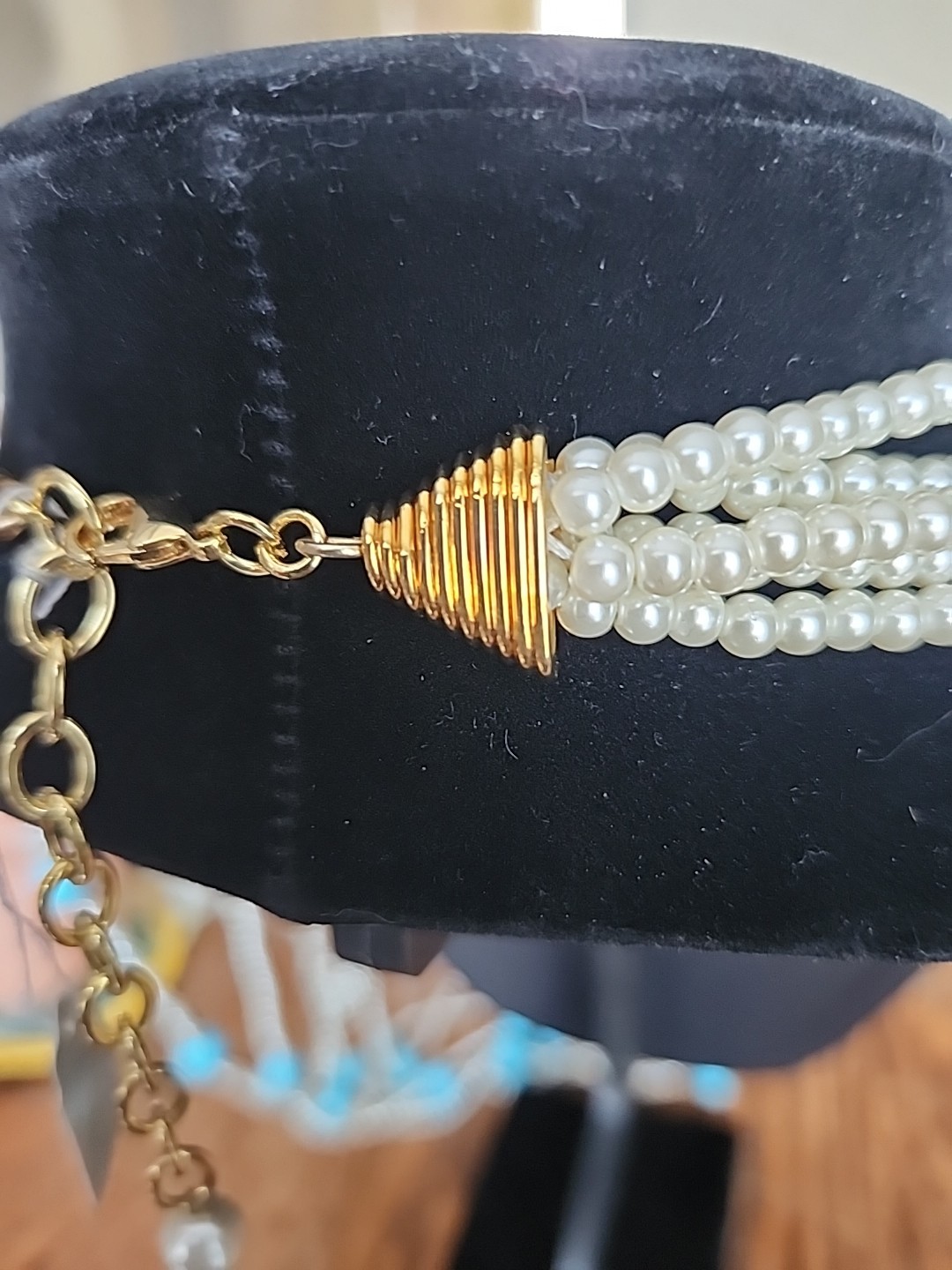 Lovely Joan Boyce Faux Turquoise & Pearl & Crystal Multi Strand 24″ Necklace NIB