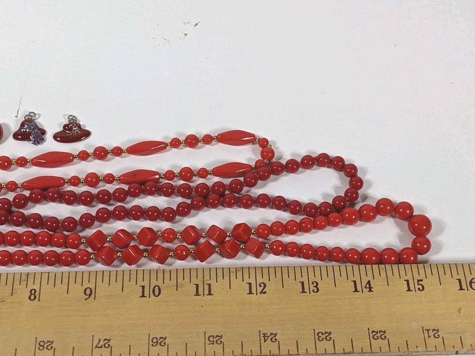 Red Jewelry Lot Necklaces Earrings Charms One Trifari & Unbranded All Vintage 8p