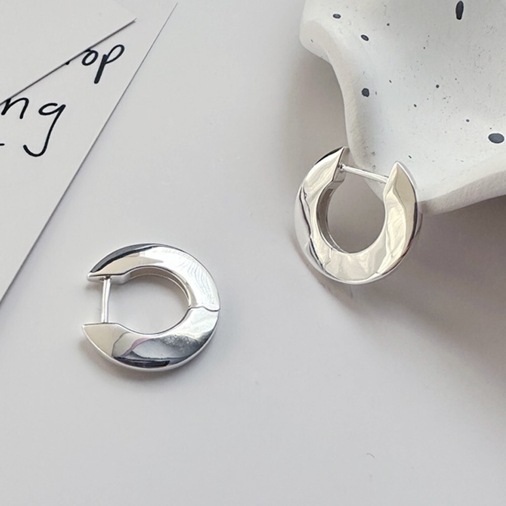 925 Sterling Silver Round Wafer Huggie Hoop Large Earrings for Women A4504