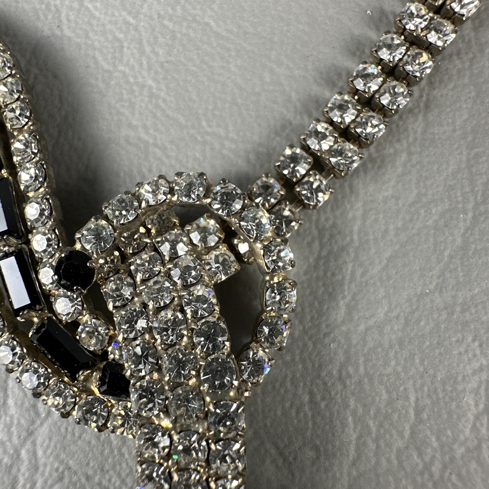 Vintage Necklace Earrings Set Clear Black Rhinestone Dangle Fringe 15″