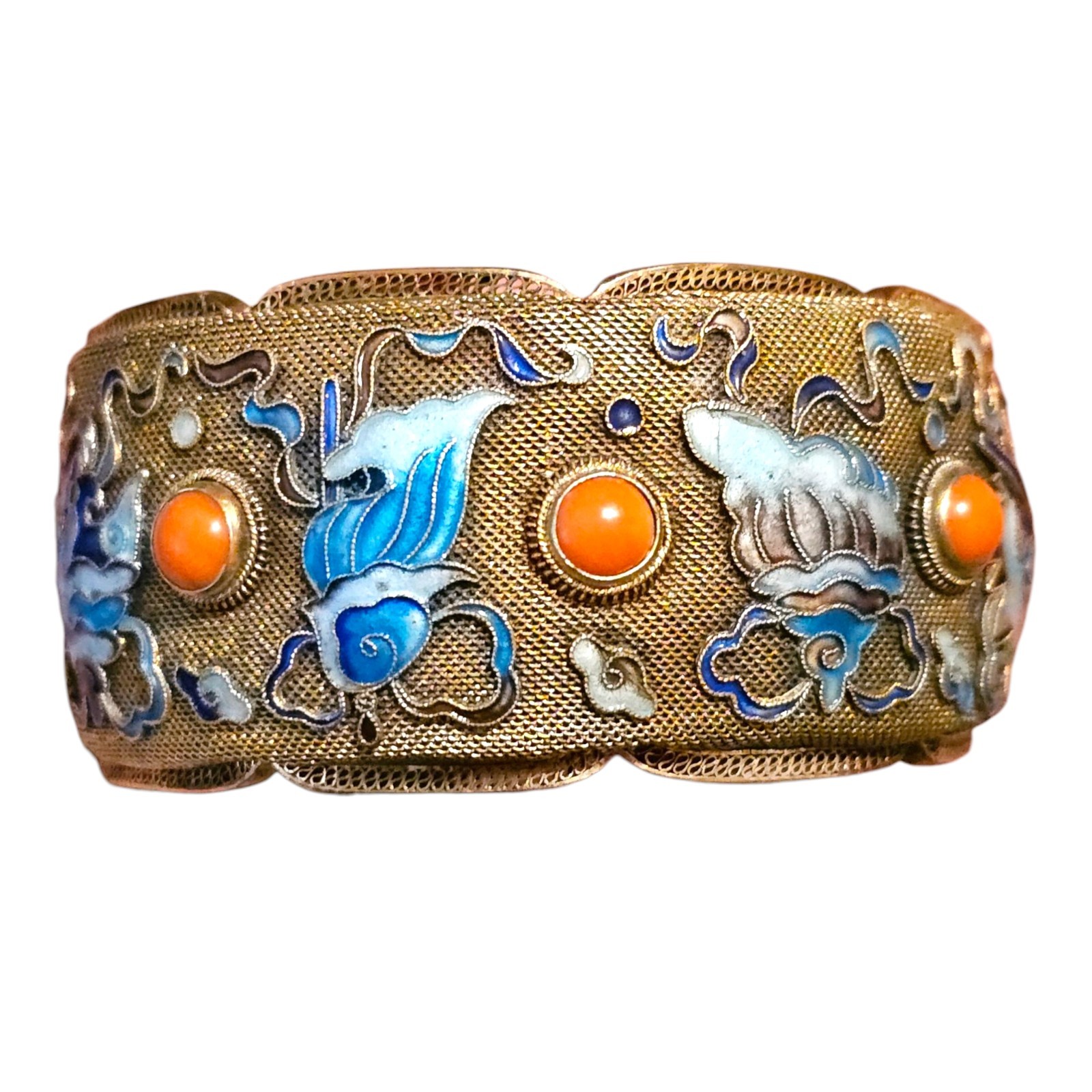 Vintage Chinese Export Bracelet Enamel Gilded Silver Mesh Filigree Coral