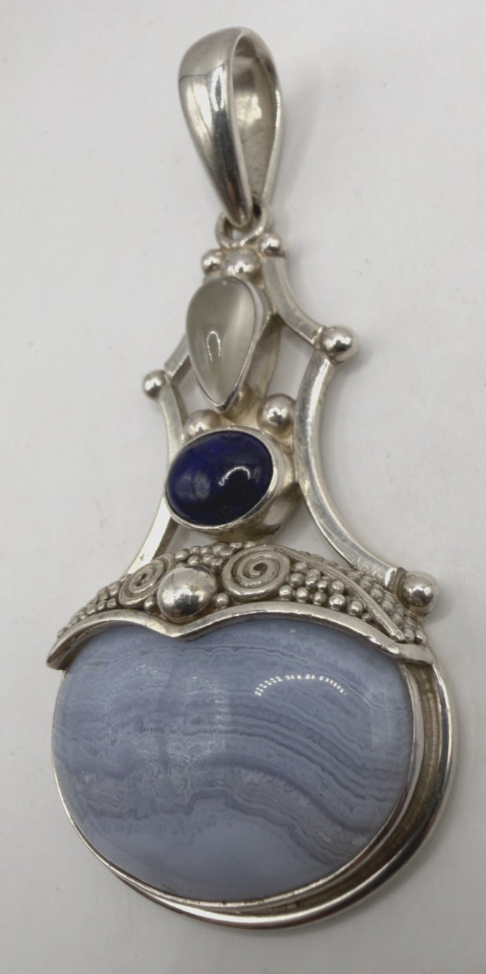 SAJEN Sterling Silver Filigree Blue Lace Agate Oval Drop Pendant [076DUR]