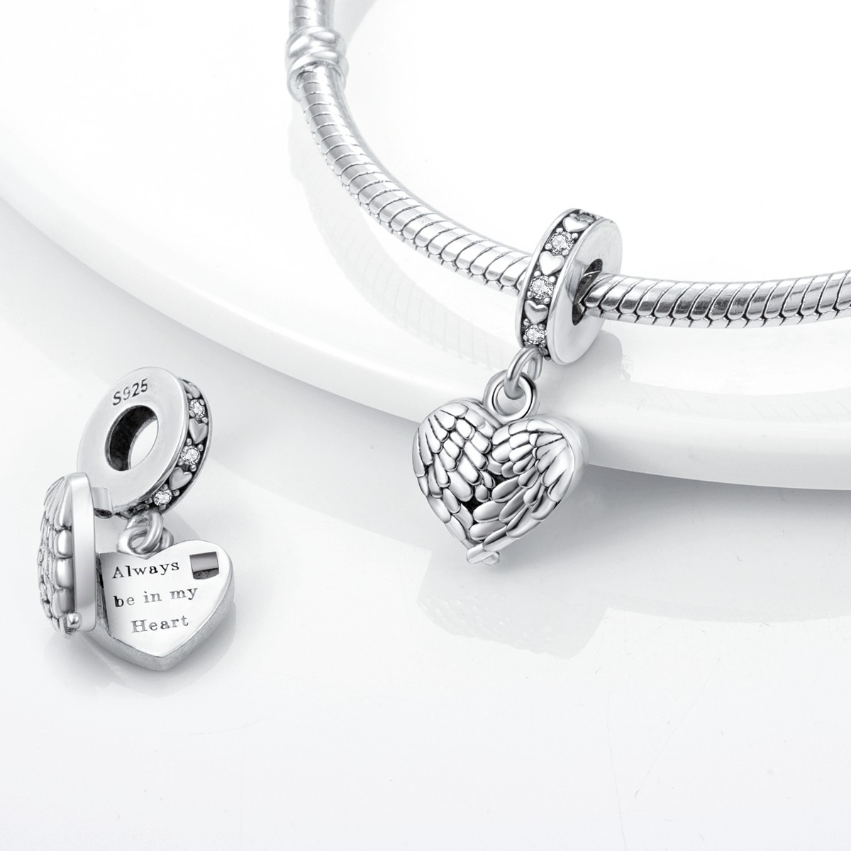 MULA 925 Sterling Silver Charm Feather Peach Heart Pendant for Women Bracelet