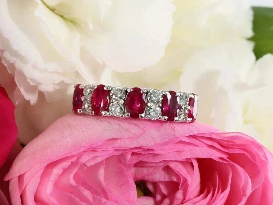 4.00Ct Oval Cut Natural Red Ruby & Diamond 14K White Gold Eternity Band Ring
