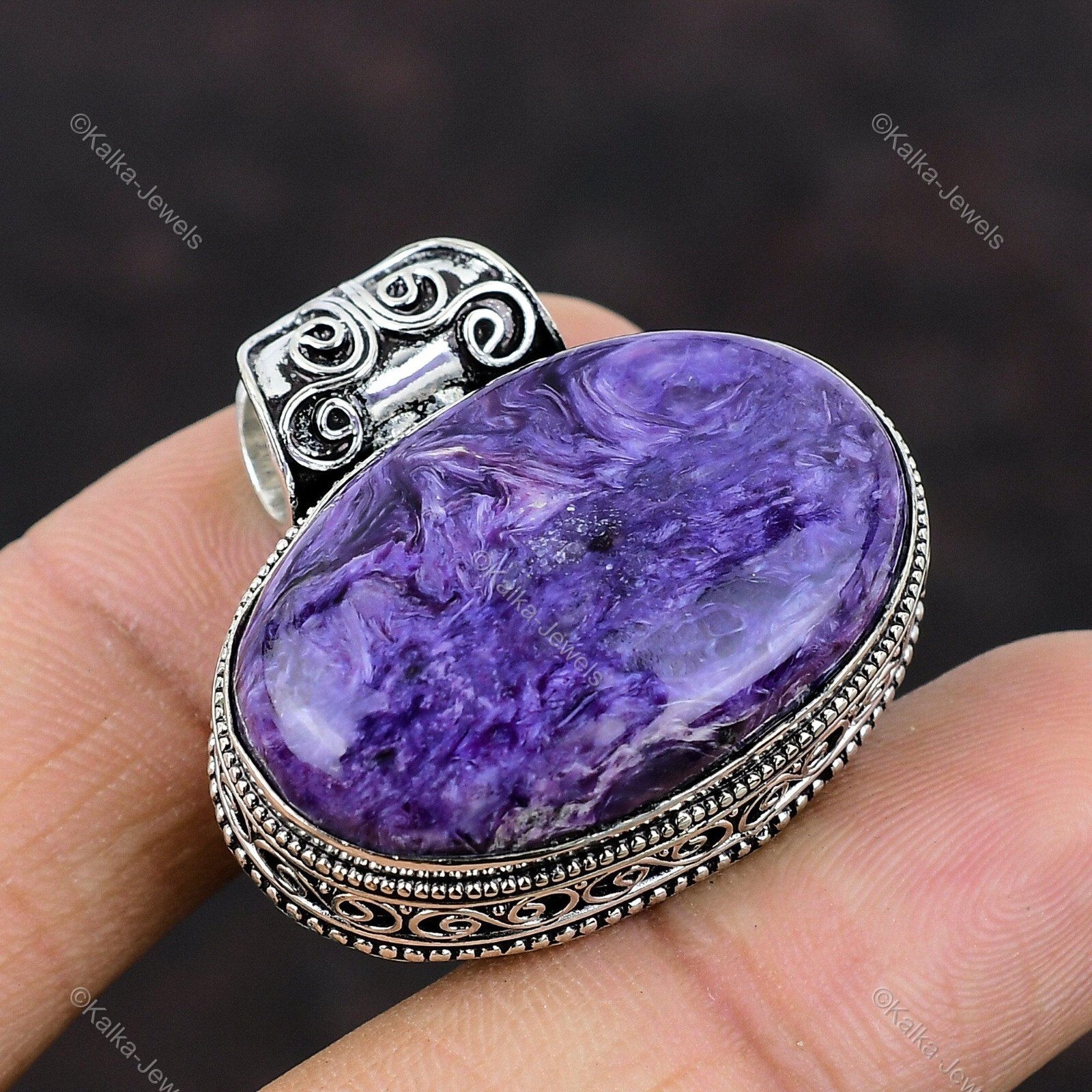 Natural Russian Charoite Gemstone Pendant Vintage Purple 925 Sterling Silver