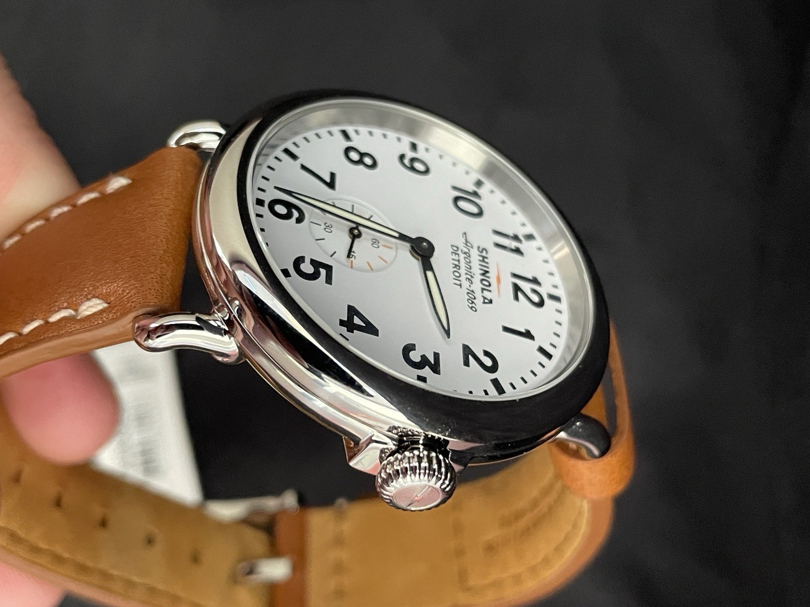 Men’s Shinola Runwell Argonite 1069 Cream Dial Brown Strap Quartz Watch 47mm NWT