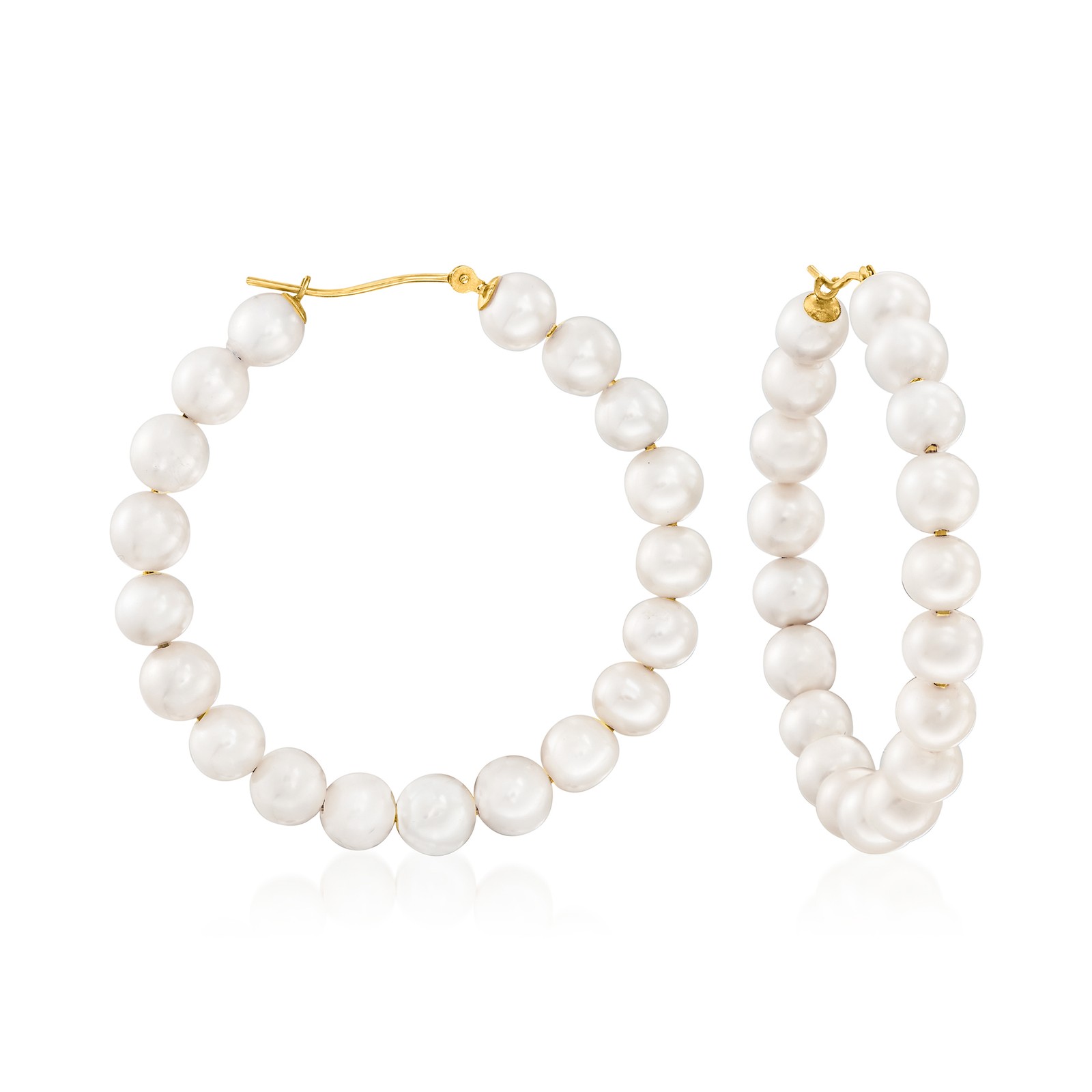 Ross-Simons 6-7mm Cultured Pearl Hoop Earrings in 14kt Yellow Gold. 1 7/8 inches
