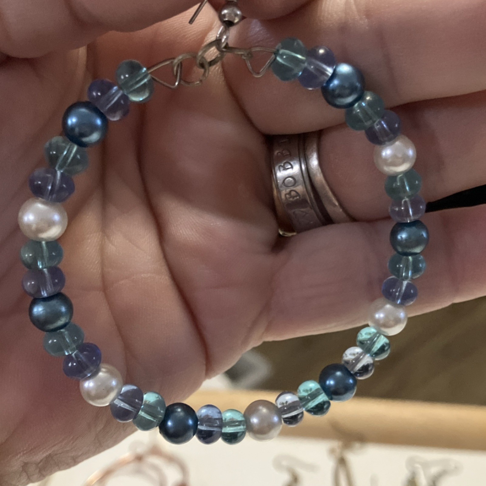 Handcrafted Artisan Beaded Glass Hoop Earrings Brown Blue White Round Hook Lobe