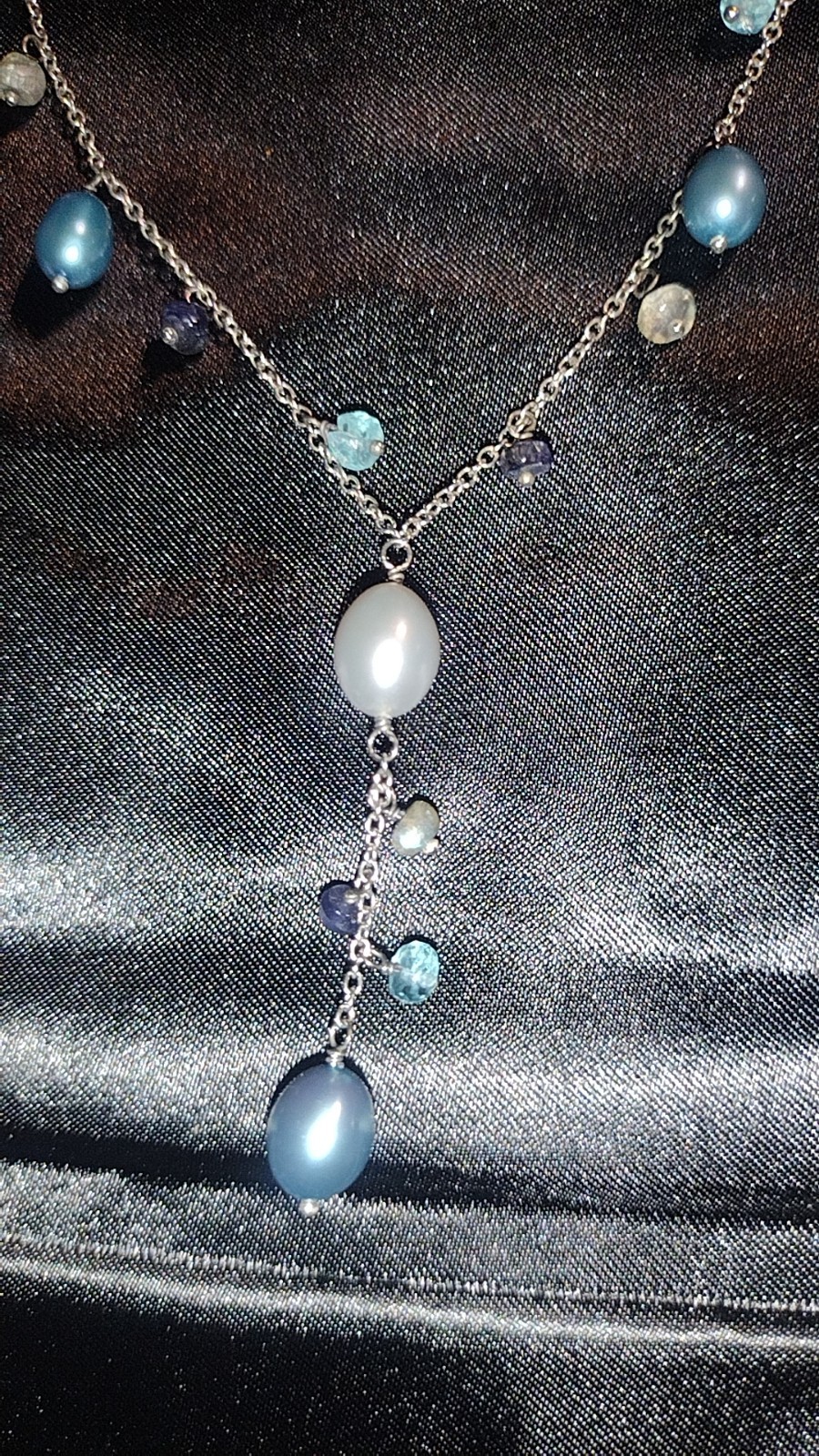 Zales Silver Tone Y-Drop Cable Chain Necklace w/ Pearls & Blue Crystals