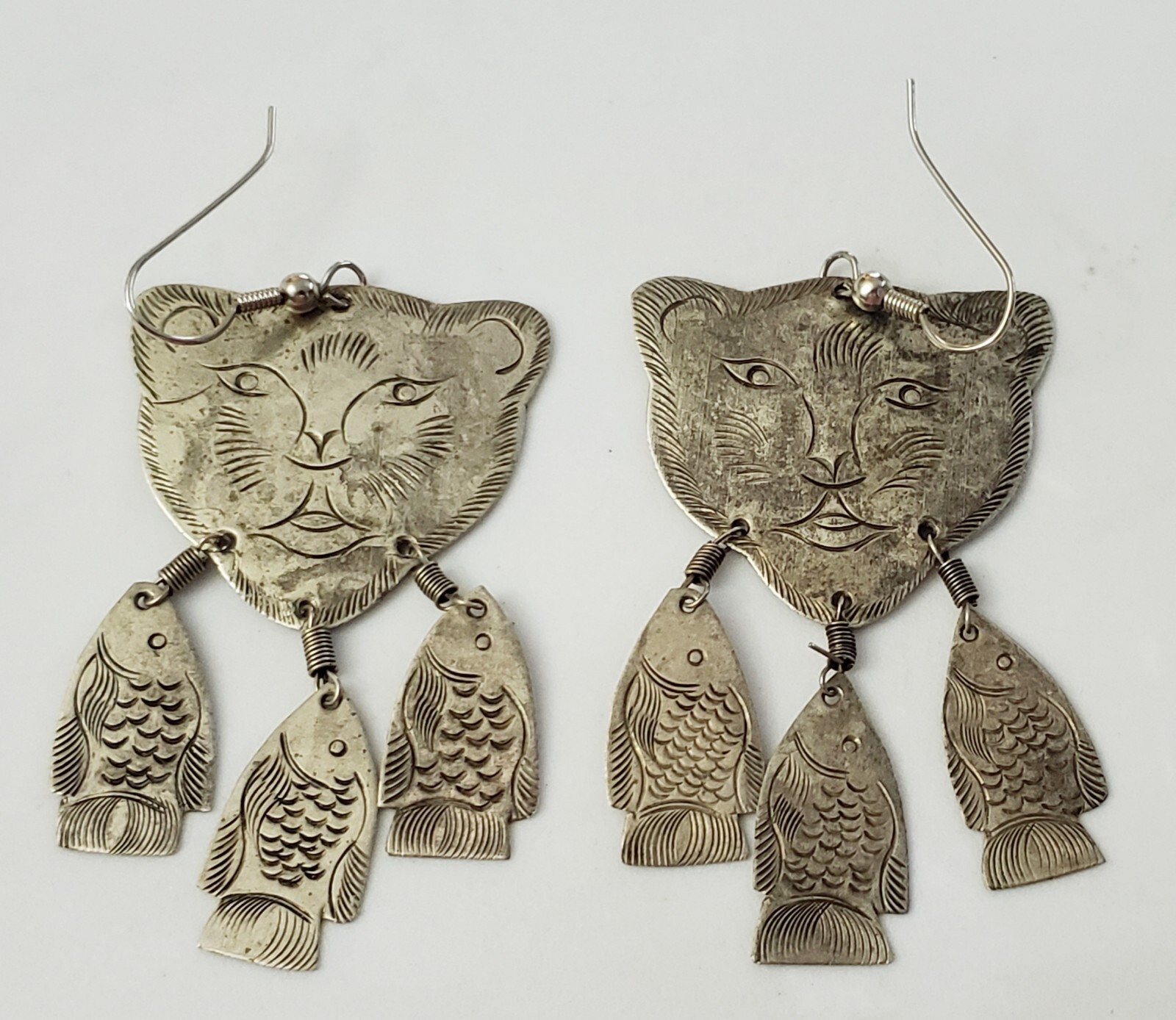 Vintage Handmade Silvertone Turkmen Turkish Eithnic Cat Earrings w/ Dangle Fish